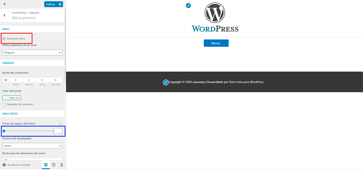 Ocultar menu principar en WordPress con Astra