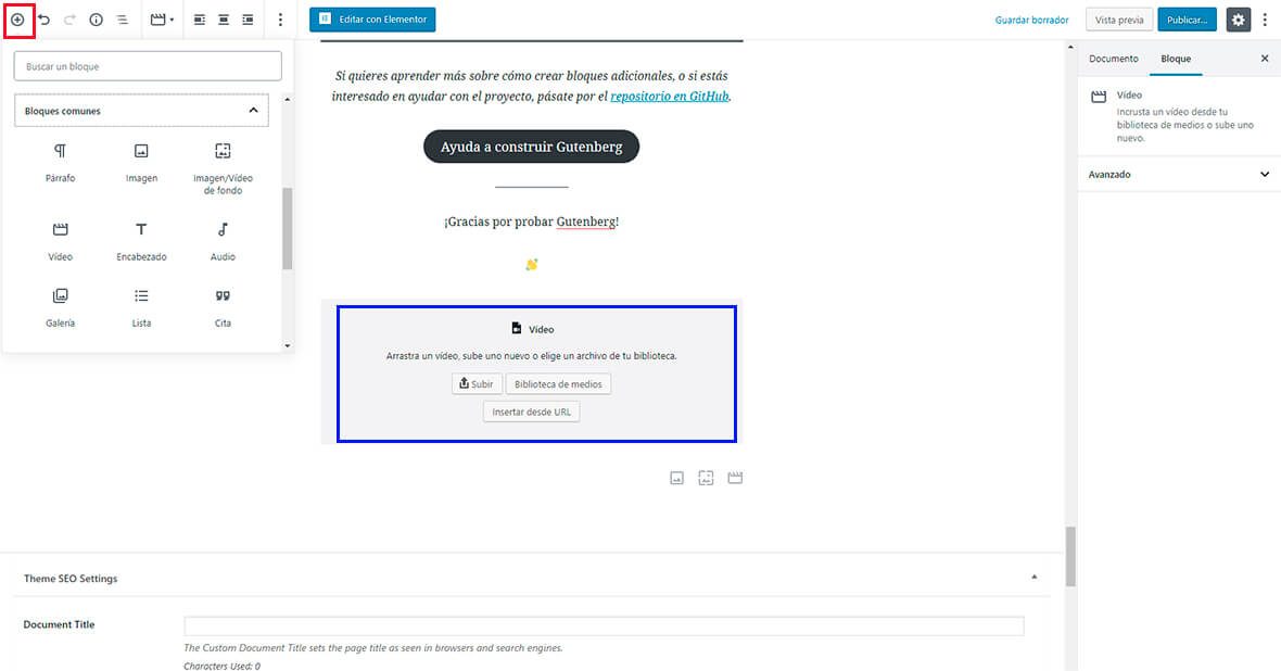 Insertar una video en Gutenberg Diseño web Vilafranca del Penedes