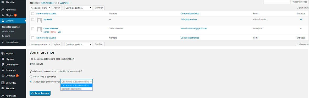Eliminar usuarios en WordPress