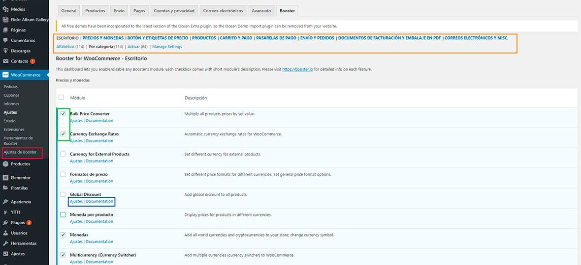 Activar modulos booster for woocommerce