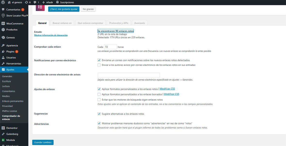 Ajustes generales broken link checker