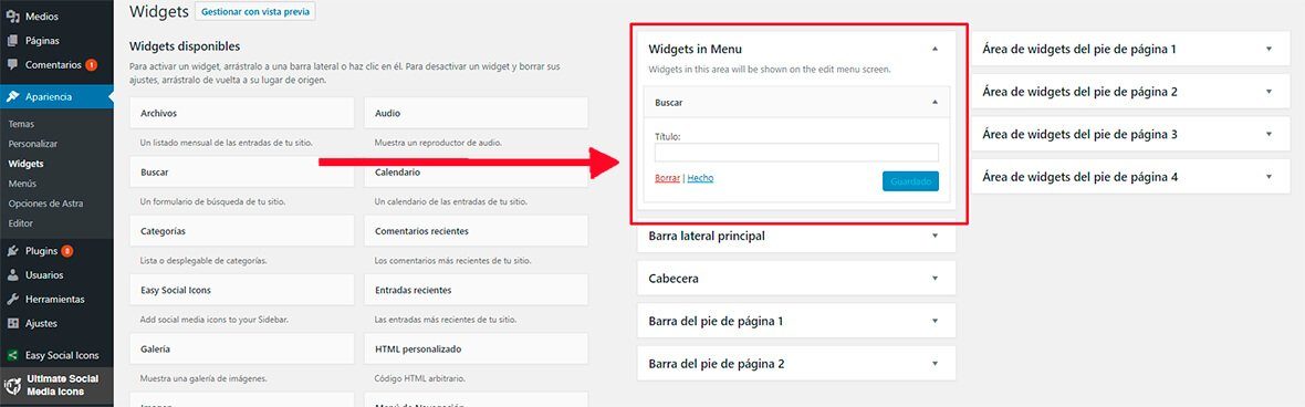 Añadir widget al menu WordPress